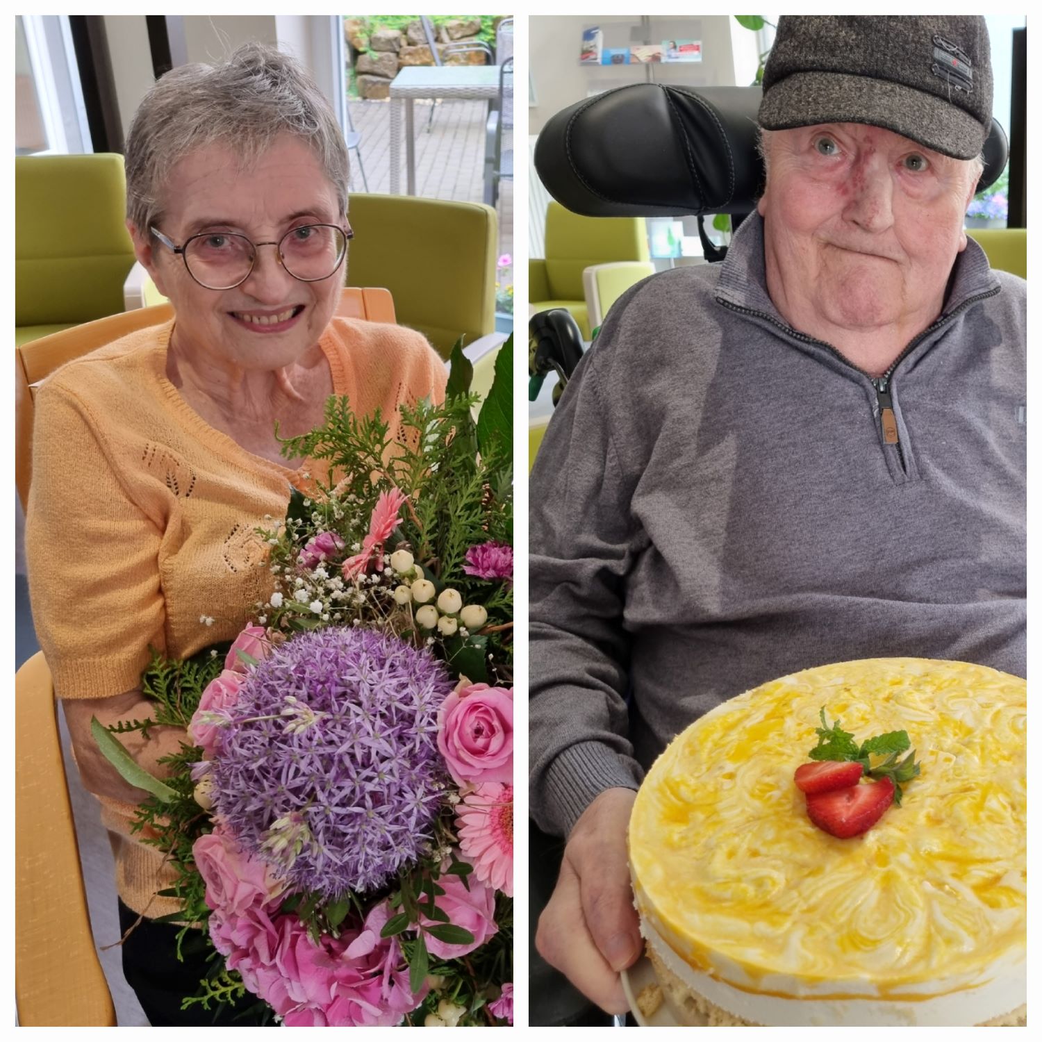 Eine Bewohnerin mit einem Blumenstrauß und ein Bewohner mit einem Kuchen